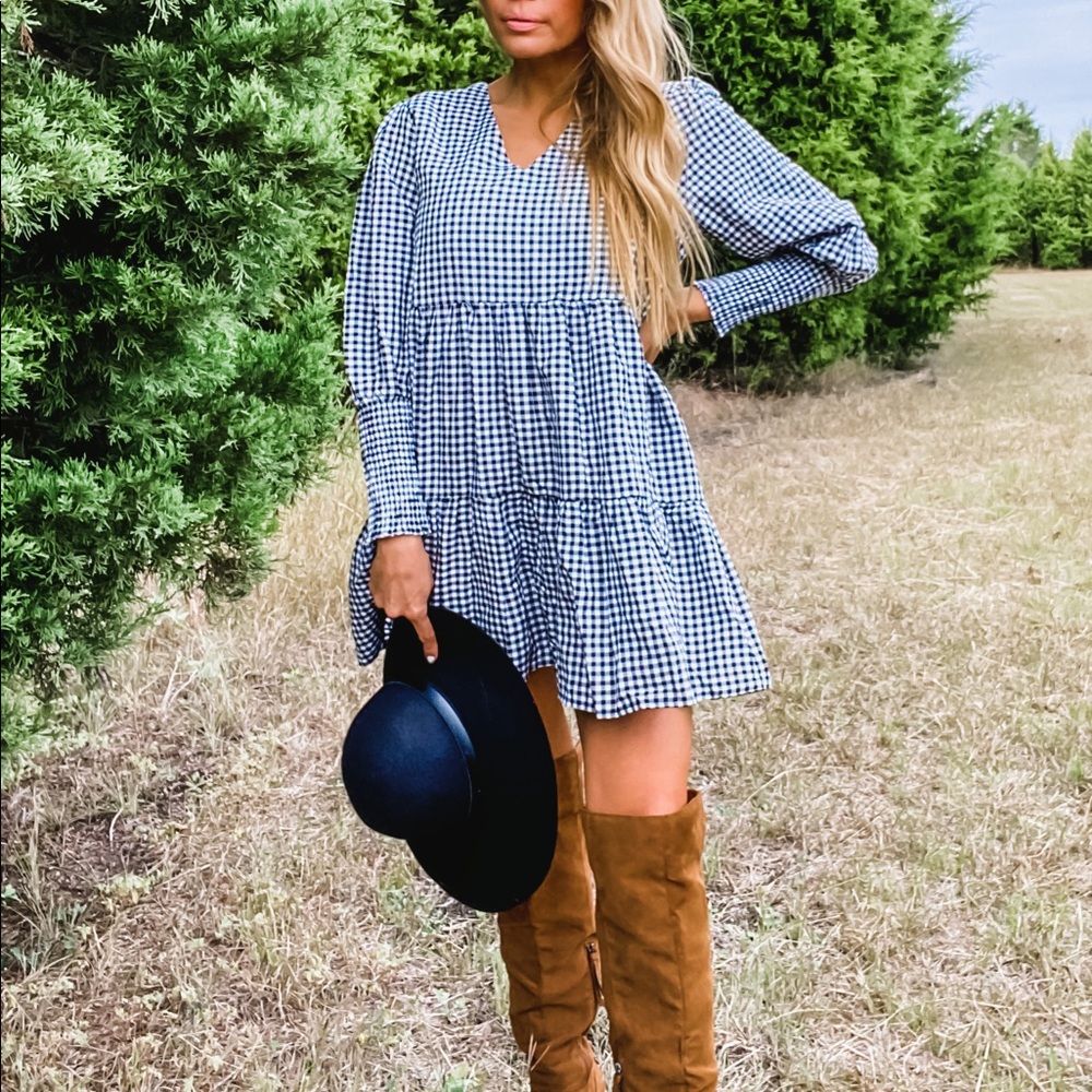 Plaid check white black baby doll dress ruffle hem